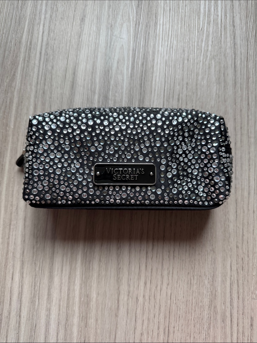 Victoria's Secret Black Crystal Studded Zip Cosmetic Case